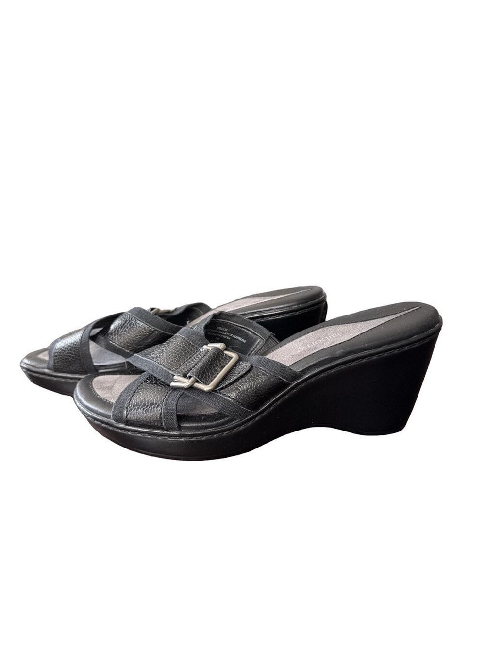 Liz Claiborne Wedge Black Leather Strap Slip On Sandals. 3" heels. Size 7